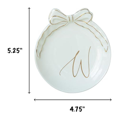 COLLECTIVE HOME Ceramic Jewelry Tray, Monogram Trinket Dish with Bow (W) | Mothers Day Graduation Christmas Birthday Gifts for Women, Bridesmaid Proposal Gifts, Features Real Gold Trim & Gift Box - color: W