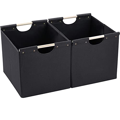 HOONEX Large Collapsible Storage Bins, Linen Fabric, Pack of 2, Storage Baskets with Wooden Carry Handles and Sturdy Heavy Cardboard, for Home, Office, Car, Nursery, Black - color: Black