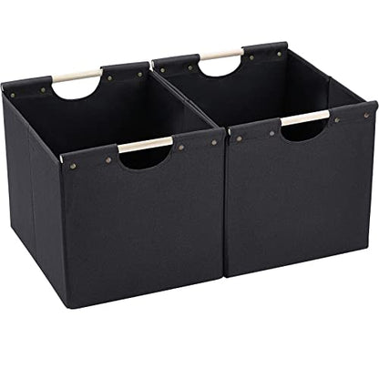 HOONEX Large Collapsible Storage Bins, Linen Fabric, Pack of 2, Storage Baskets with Wooden Carry Handles and Sturdy Heavy Cardboard, for Home, Office, Car, Nursery, Black - color: Black