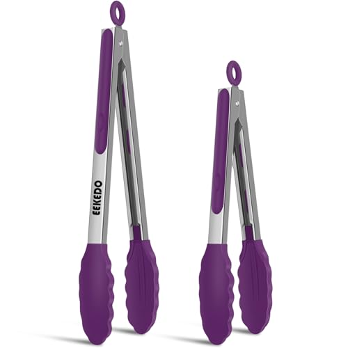 Cooking Tongs with Silicone Tips, Set of 2(9" & 12"), Purple | 600°F Heat-Resistant, Dishwasher Safe, Non-Scratch, Locking Mechanism, Safe for Non-Stick Pans BBQ Grilling Air Fryer Salad - color: Purple, size: 9 + 12 inches