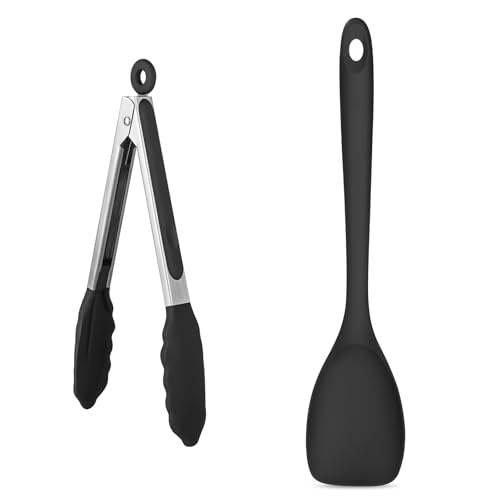 U-Taste 600ºF High Heat 9in Silicone Kitchen Tong and 600ºF Heat Resistat Spatula Spoon Flexible Silicone Cooking Scoop Spoonula (Black)