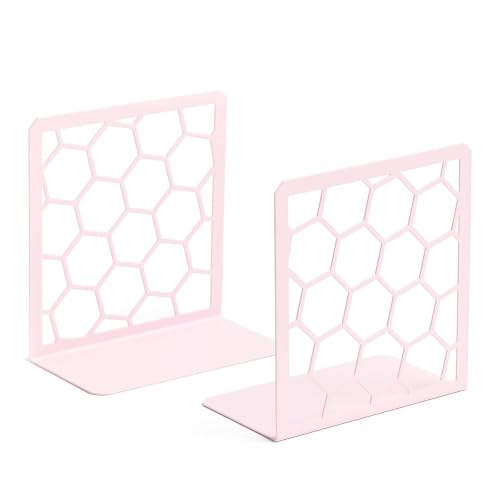 Pink Geometric Honeycomb Metal Bookends - Book Ends for Shelves - Decorative Modern Heavy Duty Bookend Stopper - Book Ends for Heavy Books - Home Office Book Holder - 1 Pair, 6x3.25x6.25 in - color: Pink, size: 1 Pair