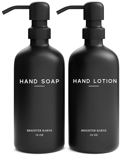 Black Glass Soap and Lotion Dispenser Set by Brighter Barns - Hand Soap Dispenser Bathroom Set - Bathroom Decor & Accessories for Restaurant, Gym, Office, Fitness Center, Hotel, Airbnb, Spa (Black) - color: Black Sl