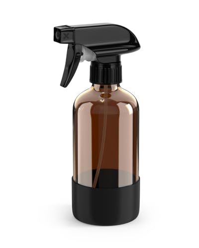 Bontip Amber Glass Spray Bottle, 8 oz with Black Silicone Sleeve, 1 Pack | Refillable amber glass bottle, With protective silicone sleeve, BPA-free, UV shielding, Great for cleaning solutions,plants - color: Black, size: 8 Ounces