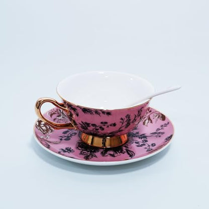 Bone China Tea Cup and Saucer Set with Spoon，Elegant Floral Tea Cup Set (7 oz)，British Coffee Latte Mug for Birthday Party Christmas gift for Friends - color: Rose Red