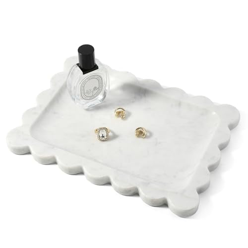 Scalloped Marble Tray, 11"x8" Marble Vanity Tray for Countertop Bathroom Kitchen Dresser, Natural Stone Tray for Jewelry Perfume Home Decor, Decorative Catchall Trays(Bianco Carrara) - color: Bianco Carrara, size: 11" x 7.9" x 0.7"