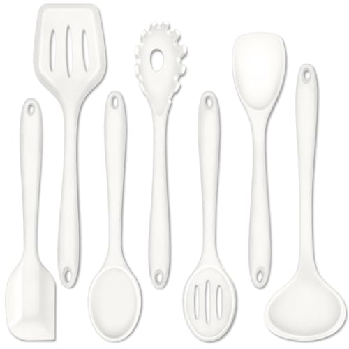 P&P CHEF White Kitchen Utensils, Silicone Cooking Utensil Set of 7 | Soft Spatula for Nonstick Cookware, Slotted Turner, Soup Ladle, Pasta Server, Spoon for Cooking, Dishwasher Safe & Heat Proof - color: White