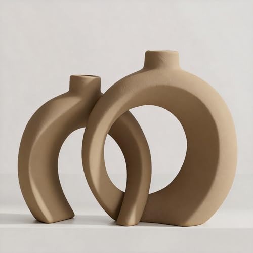Set of 2 Brown Ceramic Vases for Home Decor Accents - Unique Hollow Donut Artistic Design Rustic Farmhouse Style Decorative Vases for Shelf, Mantel, Entryway Table Decor (Matte Brown) - color: Matte Brown