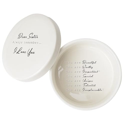 Gifts for Sister from Sister, Ceramic Trinket Box, Personalized Round Jewelry Box for Ring and Bracelet, Friends Birthday Sisters, Gift for Sisters Christmas Women, Birthday Keepsake Gift from Sisters - color: DEAR SISTER