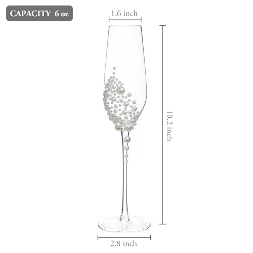 MyGift 6 oz Pearl Champagne Flutes Clear Stemmed Toasting Glasses Set 4 | Faux Pearl Accent, Elegant Stem Design, Perfect for Celebrations, Gift Ready Drinkware, Special Occasion Table Setting - color: White