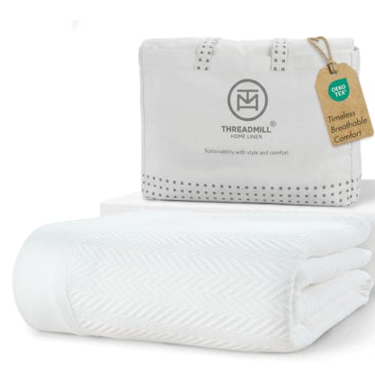 Threadmill Cotton King Blanket, Herringbone, White, All-Season Breathable | 100% Cotton, Herringbone Pattern, 106x92 in, Breathable, All-Season, OEKO-TEX Certified, Machine Washable - color: Bright White, size: King (106" x 92")