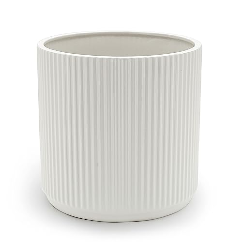 Amazon Basics Fluted Ceramic Planter Pot for Indoor Outdoor Plants, Round Flower Pot with Drainage Hole, 8-inch, White - color: White, size: 8-Inch
