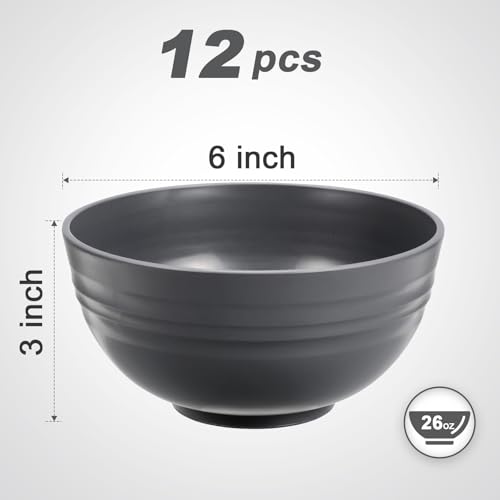 HEYCOME 12 Pcs Unbreakable Cereal Bowls Set, 26 Oz Wheat Straw Bowls Set, Microwave & Dishwasher Safe Bowls for Kitchen, Reusable Plastic Bowls for Soup, Salad and Snack, BPA Free, Dark Gray - color: Dark Gray