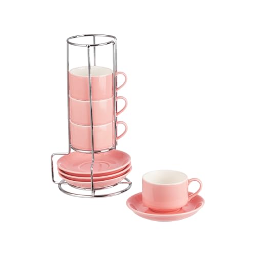 2.5oz Espresso Cups Set of 4, Small Stackable Coffee Cups with Saucers and Metal Stand, Ceramic Demitasse Cups, Cappuccino Cups for Coffee Drinks, Latte, Pink - color: Pink, size: 2.5oz
