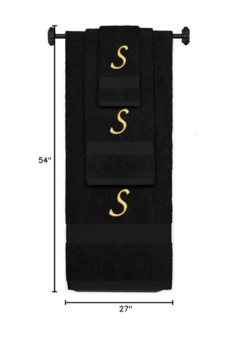 Monogrammed Bath, Hand, Washcloth Cotton Towel Set, Personalized Gift 3Pc-S - color: Black & Gold, size: Initial S