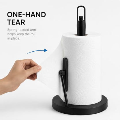 Paper Towel Holder with Spray Pump, All-in-One Countertop Paper Towel Stand with Refillable Bottle, One-Handed Tear Kitchen Roll Holder, Weighted Base, Matte Black - color: Black