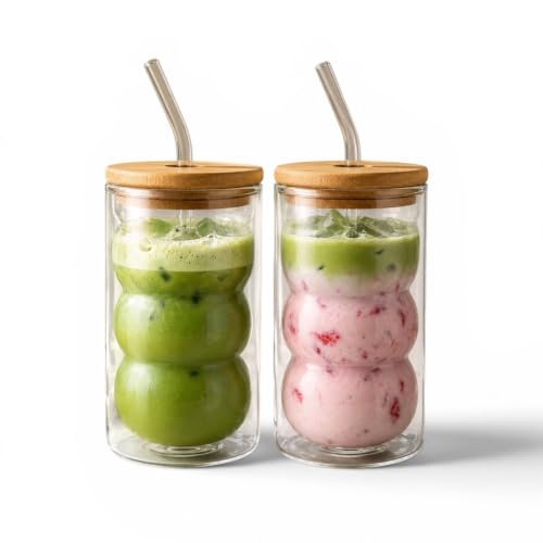 HAPPY PATH & CO. 2 Double Wall Glass Cups with Lids and Straws 16oz (480ml) - Glasses Drinking Set | Glass Tumbler with Bamboo Lid | Ribbed Bubble Glass Cups for Matcha, Coffee and Other Smoothies