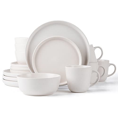 Arora SKUGGA Round Stoneware 16pc Dinnerware Set of 4, Dinner Plates, Side Plates, Cereal Bowls, Mugs - Matte White (466817) - color: White-Bowl/Mug, style: Round-Service for 4(16pcs)
