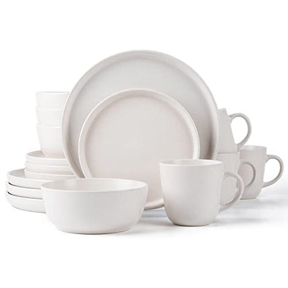 Arora SKUGGA Round Stoneware 16pc Dinnerware Set of 4, Dinner Plates, Side Plates, Cereal Bowls, Mugs - Matte White (466817) - color: White-Bowl/Mug, style: Round-Service for 4(16pcs)