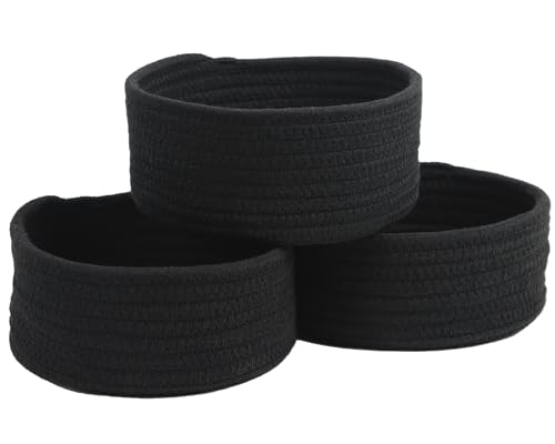 Small Woven Cotton Rope Baskets, Set of 3, Black | Mini Round Baskets, Gift and Storage Baskets, Nursery Organizer, Bathroom Countertop Bins, Decorative Boho Decor - color: Black