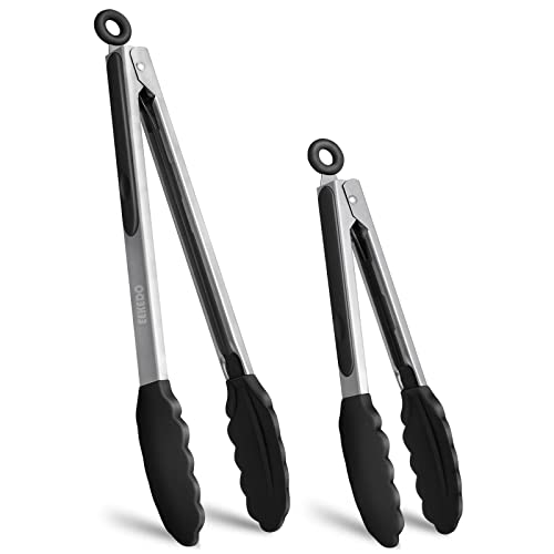 Tongs for Cooking, Stainless Steel Kitchen Tongs with Silicone Tips | 600ºF High Heat-Resistant, Non Scratch, Locking Tong for BBQ Grilling Air Fryer Food Salads, Set of 2 (9" and 12") Black - color: Black, size: 9 + 12 inches