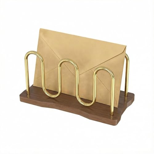 Mail Holder Organizer Countertop, Metal Mail Sorter for Desk, Cutout Mail Storage Bills Organizer Letter Tray Design with Bamboo Base for Home Office (Walnut) - color: Walnut