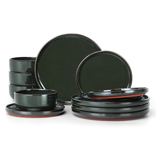 E-far Stoneware Dinnerware Sets for 4, 12 Pieces Reactive Glaze Plates and Bowls Sets, Elegant Dishes with Rustic Terracotta Base, Dishwasher & Microwave Safe, Scratch Resistant, Blackish Green - color: Blackish Green, size: Service for 4