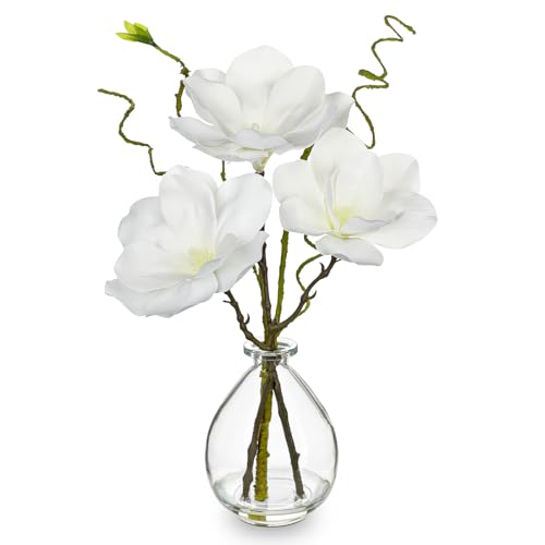 Faux Flowers in Vase 14.5" Magnolias Flowers Arrangement with Faux Water Real Touch Flowers for Wedding Table Centerpiece Home Decor, White - color: White-magnolia#2