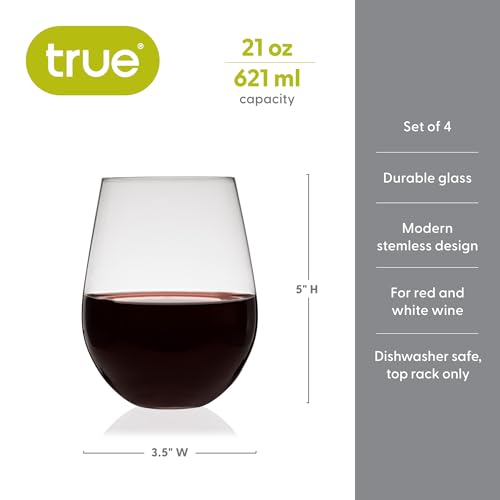 True Vino Stemless Wine Glasses Set, Modern Drinking Glasses for Red and White Wines, Cocktails, Beverages, Wedding Gifts, Housewarming, Birthday, Elegant Glassware, Home Bar, 21 oz, Set of 4 - size: Set of 4, style: Grand Cru