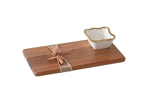Pampa Bay Acacia Charcuterie Board with Porcelain White & Gold Dipping Bowl and Wood Spreader - color: White and Gold