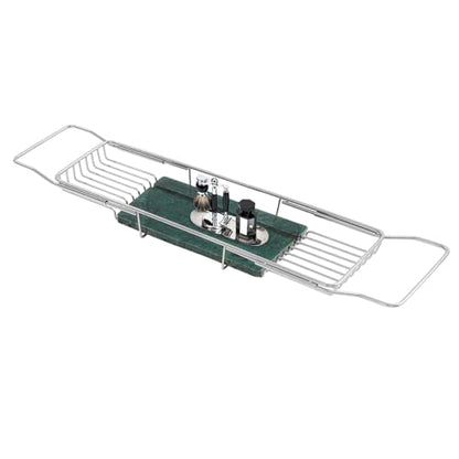 Expandable Stainless Steel Bathtub Caddy Tray, Adjustable Over Tub Rack Marble Board Anti-Slip Groove Raised Guardrail Modern Bath Organizer for Home Hotel Bathroom Use (Silver + Green) - color: Silver + Green