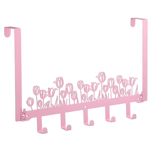 AceOrbit Pink Tulip Over The Door Hooks Wall Mount Towel Hanger Cute Door Holder Rack with 5 Hooks Hanging Towel, Coat Keys, Bags, Hats, Clothes for Bedroom Bathroom Kitchen Dorm Room Organizer - color: Pink, style: Tulip