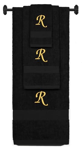 Monogrammed Bath, Hand, Washcloth Cotton Towel Set, Personalized Gift 3Pc-R - color: Black & Gold, size: Initial R