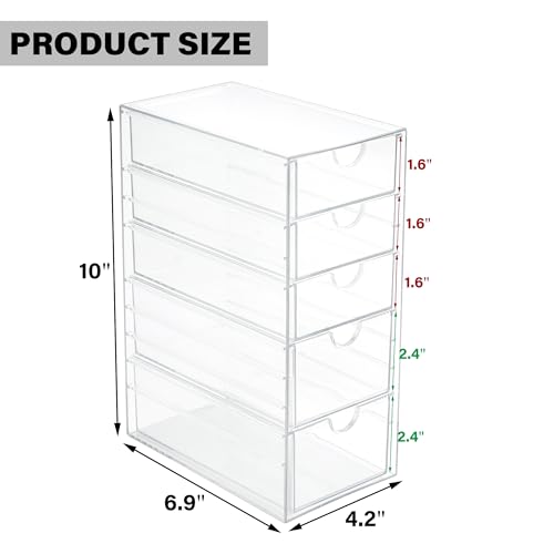 Prsildan Hair Accessories Organizer Acrylic Drawer with 5 Small Drawers | Clear, For Bathroom Vanity Office Desk, Jewelry Makeup Storage - size: 5 Drawers