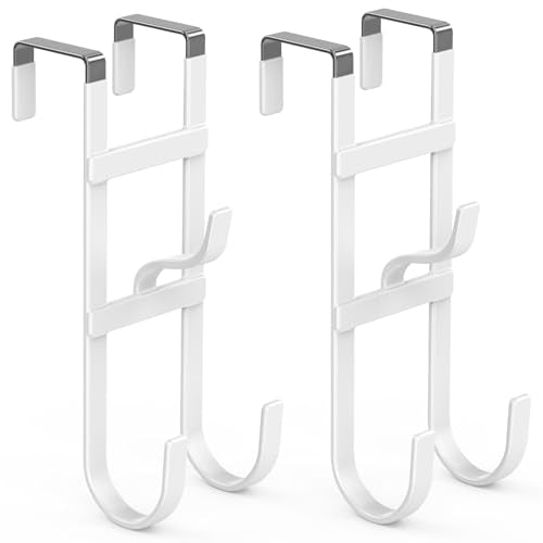 FYY Over the Door Hooks, Triple-Hanger 2 Pack, Fits Doors 1.6" White | Heavy Duty Metal, Hold 100lbs, Rubber-Coated, No-Drilling, for Bathroom Dorm, Hanging Towels Clothes Bags Ironing Board Robe - color: White