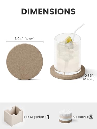 Fluxynara Felt Coasters for Drinks, Set of 8 Absorbent Coasters with Holder, Heat-Resistant & Reusable Round Design for Coffee Table & Living Room, 3.94 Inch | Round Felt Coasters, Absorbent, Heat-Resistant & Reusable for Drinks, Ideal for Coffee Tables a