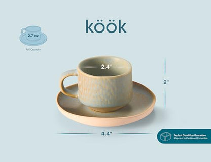 KooK Espresso Mug and Saucer Set, Ceramic Cups and Plates with Rustic Organic Shape and Feathered Texture, Dishwasher and Microwave Safe, 2.7 oz, Set of 4, Neutral Multicolor (2.7 Oz) - size: 2.7 Oz