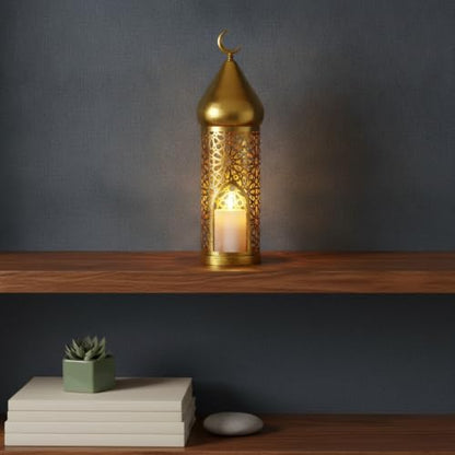 Hang or Display Decorative Metal Lantern with Gold-Plated Finish for Ambient Candle Lighting
