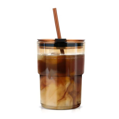 Luxfuel 13 oz Glass Cups with Lids and Straws Reusable Iced Coffee Tumbler | Leak-Proof Thick Wall Travel Glass Coffee Cup for Iced Tea, Water, Office, Cup Holder Friendly, BPA Free (Amber, 1 Pack) - color: Amber-1 Pack, size: 13 Ounces