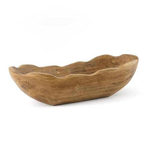 Indoor Carved Mid-Tone Brown Paulownia Wood Decorative Dough Bowl, 15.2" Rustic Farmhouse Centerpiece Bowl for Home Table Living Room Decor, 2026 Home Essential