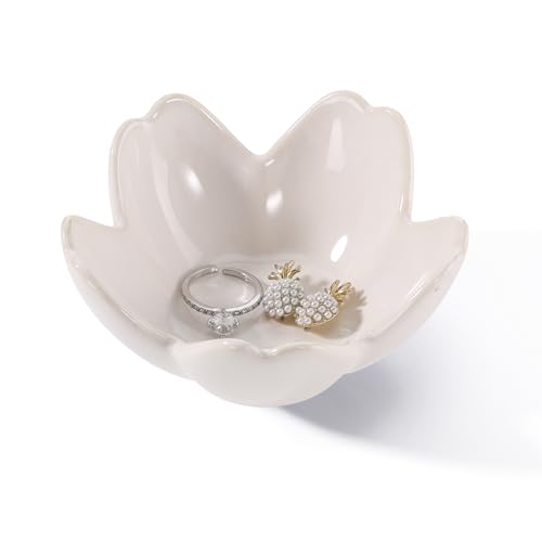 Flower Ring Dish Holder,Jewelry Dish Tray,Small Trinket Tray,Jewelry Plate Bowl,Key Bowl,Decorative Plate,Mothers Day Birthday Gifts for Women Mom Friends,Ceramic Kiln effect White - color: Kiln effect White