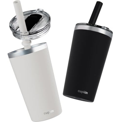 CUPKIN Toddler Tumblers, The Original 12 oz Stackable Stainless Steel Cups, Set of 2 Powder Coated Insulated Kids Water Bottle Alternative + BPA Free Lids + Reusable Silicone Straws (Black + White) - color: Black/White, size: 12 Fl Oz (Pack of 2)