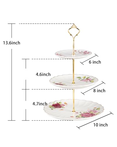 Sweejar 3 Tier Ceramic Cake Stand Wedding, Dessert Cupcake Stand for Tea Party Serving Platter (Rose Flower) - color: Rose Flower