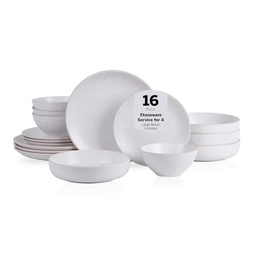 Stone Lain Lauren Stoneware, Rustic Plates and Bowls Set, Dinnerware, Service for 4, Speckled Off White, Dishwasher & Microwave Safe, 16-Piece - color: Off-White, size: 16-Piece Service for 4