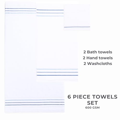 Bath Towels Set for Bathroom – Luxury 6-Piece Cotton Towels, Soft Absorbent & Quick Dry, 600 GSM Bath Towels for Bathroom, Hotel Spa Quality (White/Blue Azure, 6- Bath Towel Set) - color: White/Blue Azure