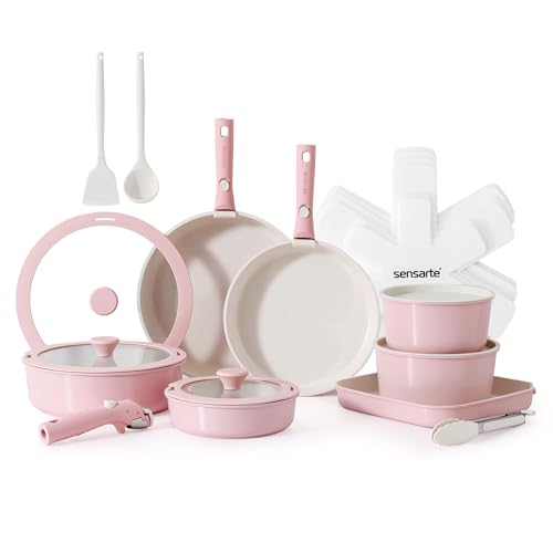 SENSARTE 24 Piece Ceramic Detachable Handle Pots and Pans Set Pink | Ceramic Cookware Set, Induction Cookware Set with Removable Handle, Healthy Non Stick for RV, Dishwasher ＆ Oven Safe - color: Pink, size: 24 Piece