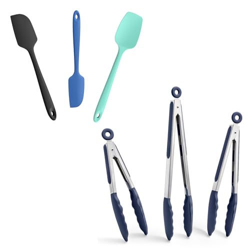 Doosu 600°F Heat Resistant Kitchen Tongs for Cooking with Non-Scratch Silicone Tips (7+9+12in, Navy Blue) & 3-Piece Silicone Spatula Set Food Grade Baking Supplies Cooking Tools (Black+Lake Blue+Aqua)
