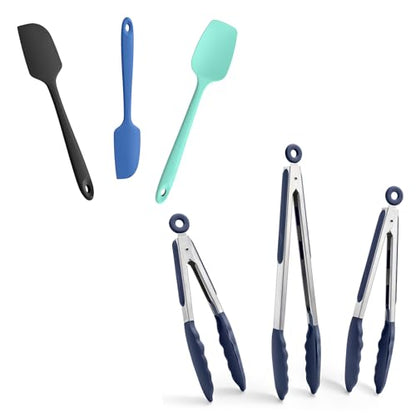 Doosu 600°F Heat Resistant Kitchen Tongs for Cooking with Non-Scratch Silicone Tips (7+9+12in, Navy Blue) & 3-Piece Silicone Spatula Set Food Grade Baking Supplies Cooking Tools (Black+Lake Blue+Aqua)
