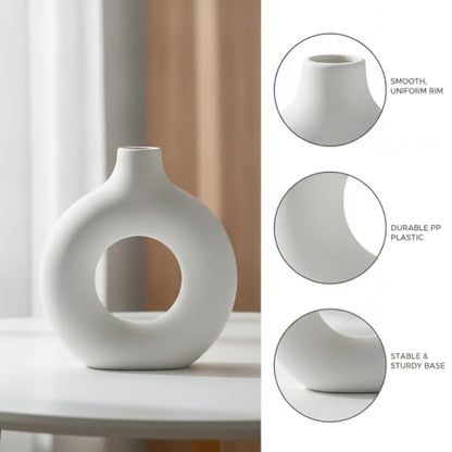 Modern Torus Ring Vase, Geometric Donut Shape Flower Holder for Home and Office Decor, White Plastic Sculptural Accent