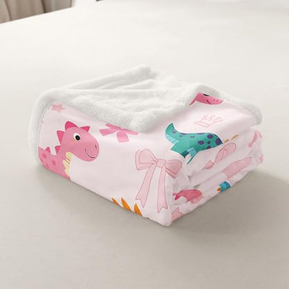 Cute Dino Kids Fleece Blanket,Kawaii Bowknot Heart Princess Style Throw Blanket for Adult,Pink Dinosaur Bow Tie Cartoon Animal Lightweight Polyester Sofa Sherpa Blanket, Queen (90 x 90 Inch) - color: 01 Pink Blue, size: Queen